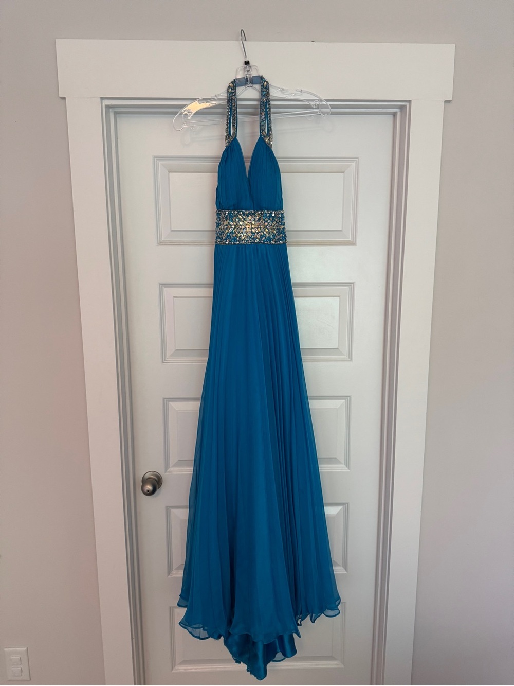 Tony Bowls Turquoise Halter Evening Gown with Beaded Waist